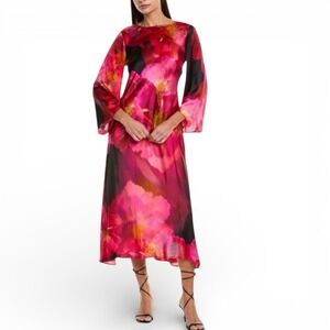 Johnny Was Silk Maxi Dress XS Floral Watercolor Flare Sleeve‎ New $445